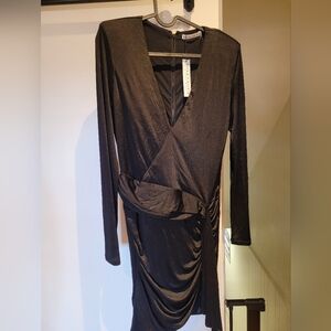 ALICE + OLIVIA - Kyra Deep V Drapey LS Mini Dress Black